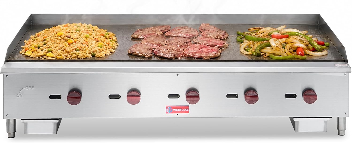 WESTLAKE 60'W Commercial Gas Griddle Countertop Natural Gas and Propane Griddle with 5 Burners 150000 BTU, Stainless Steel Plate Grill for Restaurants
