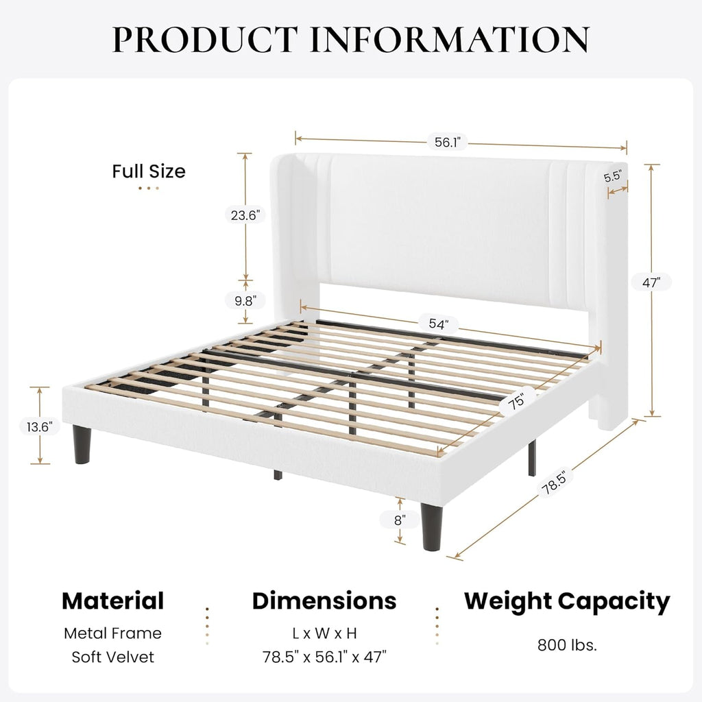 SHA CERLIN Full Size Velvet Upholstered Platform Bed Frame with Vertical Channel Tufted Wingback Headboard, Wooden Slats Support, Easy Assembly, Under Bed Storage, No Box Spring Required, White