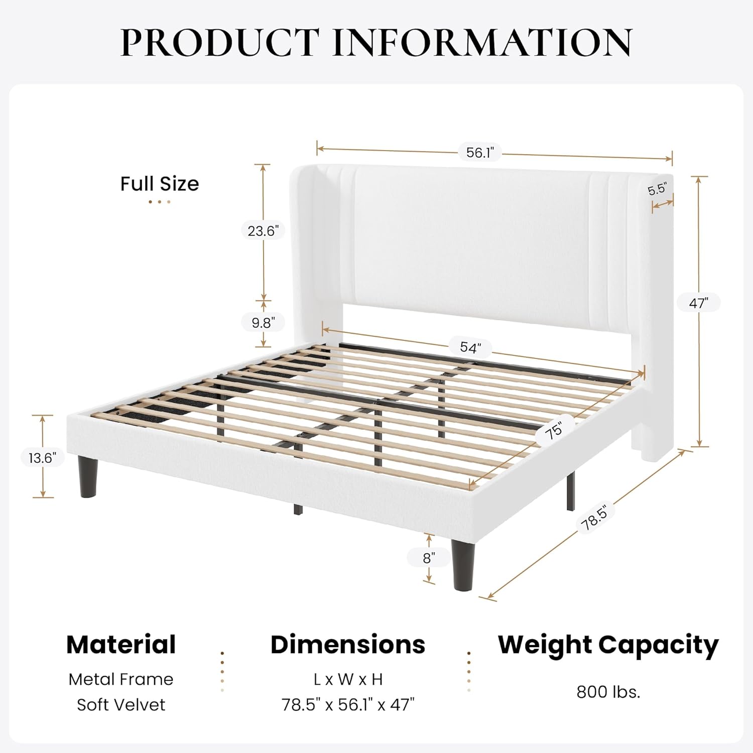 SHA CERLIN Full Size Velvet Upholstered Platform Bed Frame with Vertical Channel Tufted Wingback Headboard, Wooden Slats Support, Easy Assembly, Under Bed Storage, No Box Spring Required, White