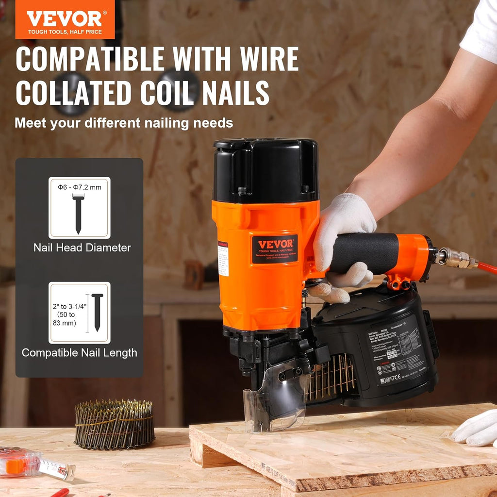 VEVOR Coil Siding/Framing Nailer CN83N, 2' to 3-1/4' 15 Degree Pneumatic Siding Nail Gun with Tool-Less Depth Adjustment, 70-120PSI Air Coil Nailer for Siding Sheathing Wooding Fencing Decking