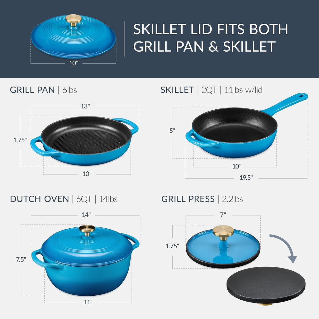 Best Choice Products Non-Stick Pot & Pan Cookware Set, Cast Iron, 2Qt Skillet W/Lid, 10' Grill Or Griddle Pan W/Press, 6Qt Enameled Dutch Oven, Non-toxic, For Cooking & Grilling - Blue