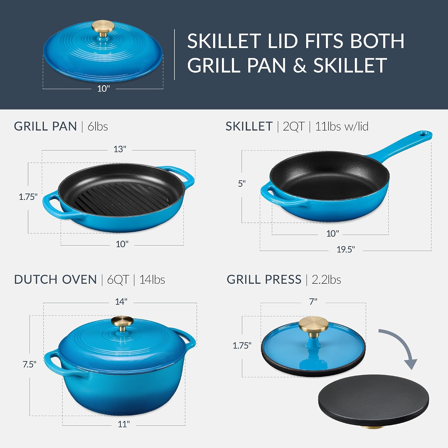 Best Choice Products Non-Stick Pot & Pan Cookware Set, Cast Iron, 2Qt Skillet W/Lid, 10' Grill Or Griddle Pan W/Press, 6Qt Enameled Dutch Oven, Non-toxic, For Cooking & Grilling - Blue