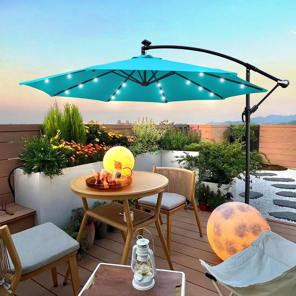 10ft 8 Ribs Outdoor Patio Umbrella with 24 LED Lights, Solar Powered Lighted Sun Shade Market Umbrella with Crank and Cross Base, for Garden Deck Backyard Pool Deck Swimming Pool