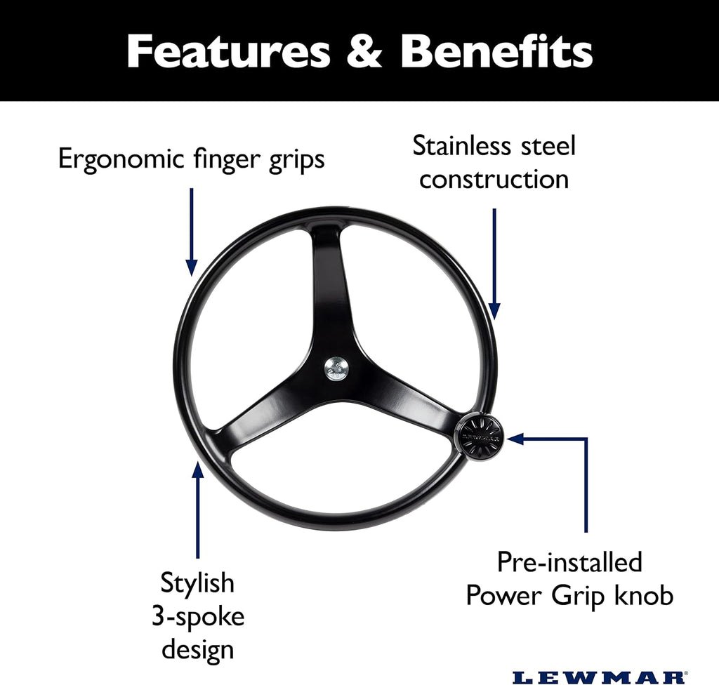 Lewmar Power Grip Boat Steering Wheel with 5/8' Welded Nut - 13.5' Diameter, Weather-Resistant Black Cast Stainless Steel, Professional Knob with Ergonomic Finger Grips