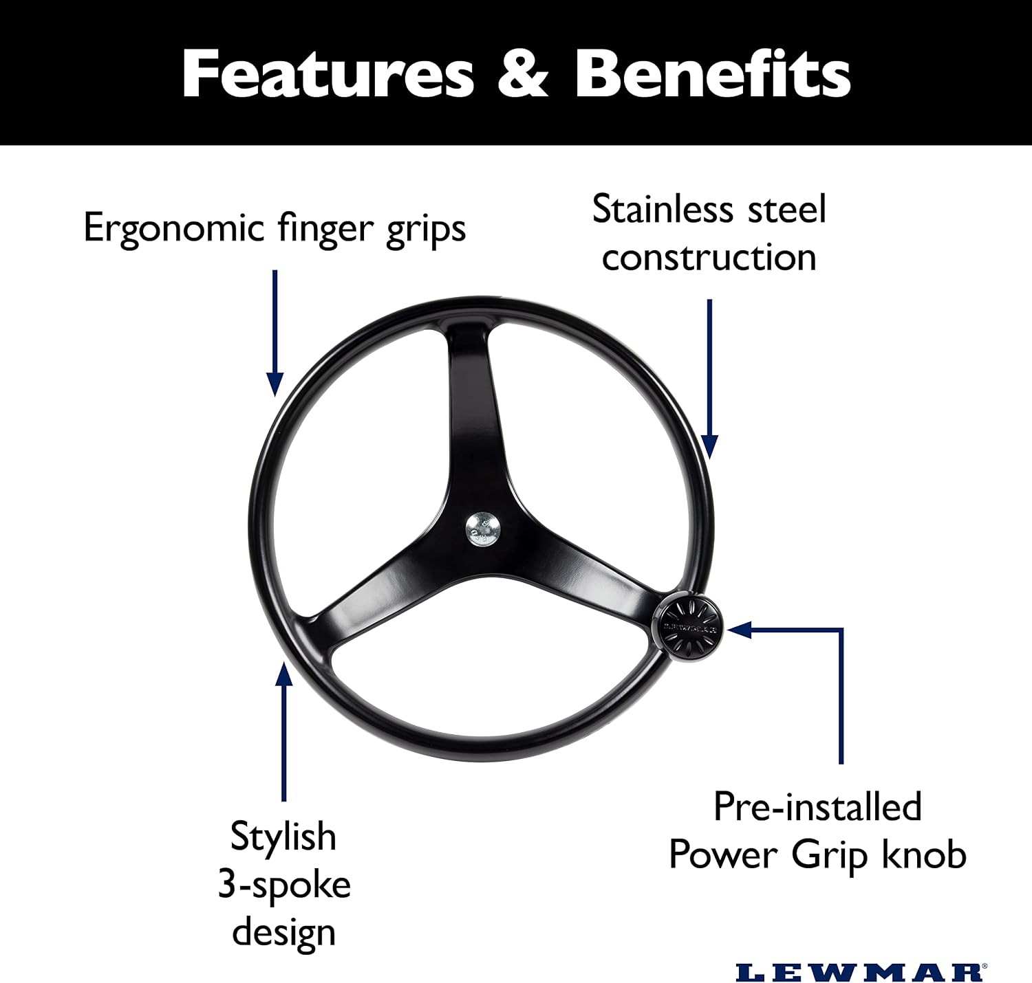 Lewmar Power Grip Boat Steering Wheel with 5/8' Welded Nut - 13.5' Diameter, Weather-Resistant Black Cast Stainless Steel, Professional Knob with Ergonomic Finger Grips