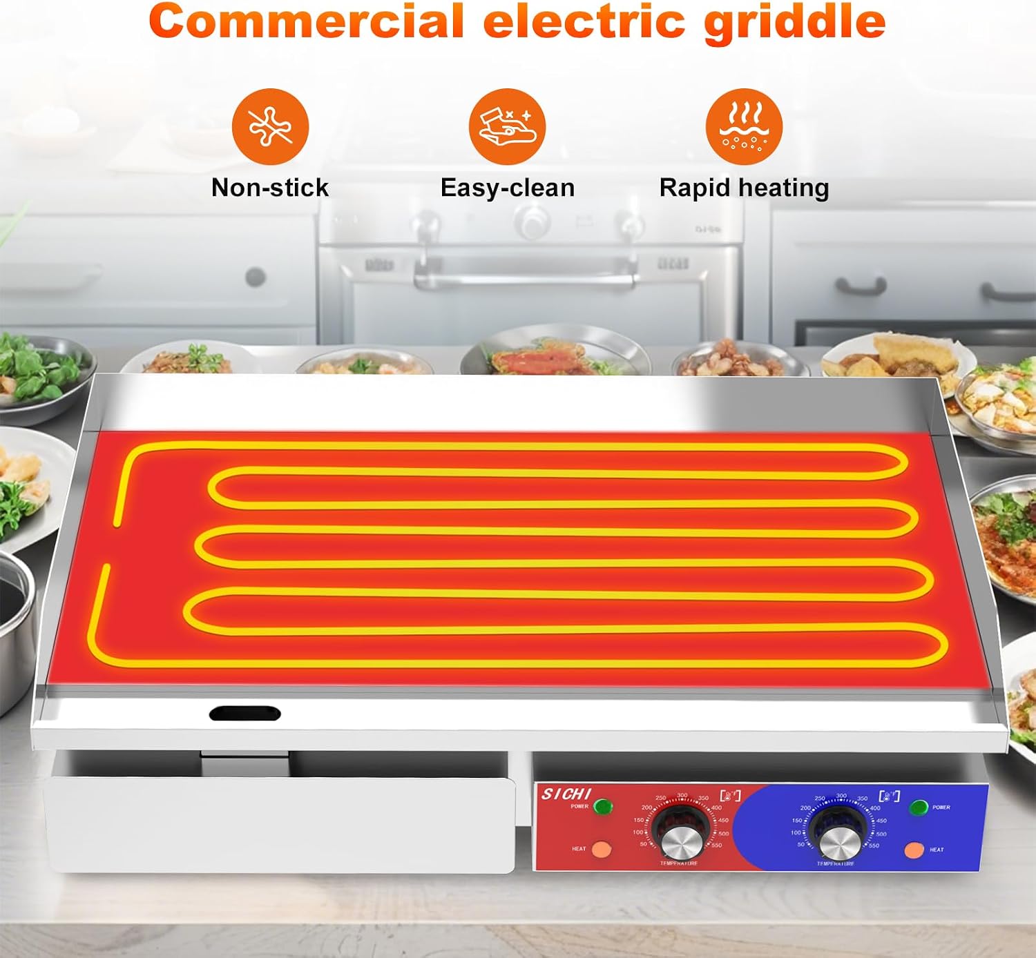 29'' * 16'' Commercial Electric Countertop Griddle -110V Flat Top Griddles w/ 122-572°F Adjustable Temperature and Non-Stick, 3000W Stainless Steel Electric Griddle w/ 10mm Thick Cast Iron
