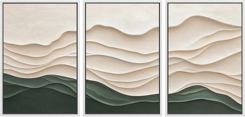 SIGNWIN Framed Canvas Print Wall Art Set Textured Paper Cut Landscape Beige and Green Minimalist Illustrations Modern Art Rustic Scenic Relax/Calm for Living Room, Bedroom, Office - 24'x36'x3 White