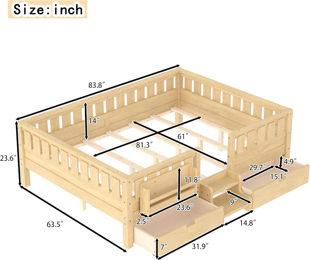 Bellemave Queen Size Bed with Slats and Stairs, Queen Size Platform Bed Frame with Fence, Bookshelf and Storage Drawers, Easy Assemble Beds for Girls, Boys, Light Natural