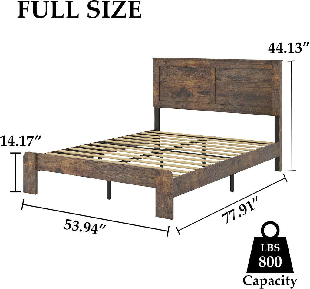 NNOOTK Full Size Bed Frame, Rustic Vintage Platform Bed Frame with Wood Headboard and Footboard, 12 Wood Slats Support, No Box Spring Needed (Dark Brown, Full)