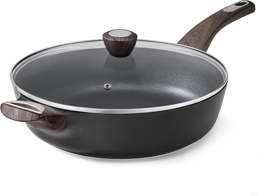 SENSARTE 14 Pcs Non Stick Kitchen Cooking Set, 12 Inch Large Deep Frying Pan, 5 Qt Non Stick Saute Pan with Cover, Healthy Non Toxic Cooking Pan with Helper Handle, PFOA PFOS Free