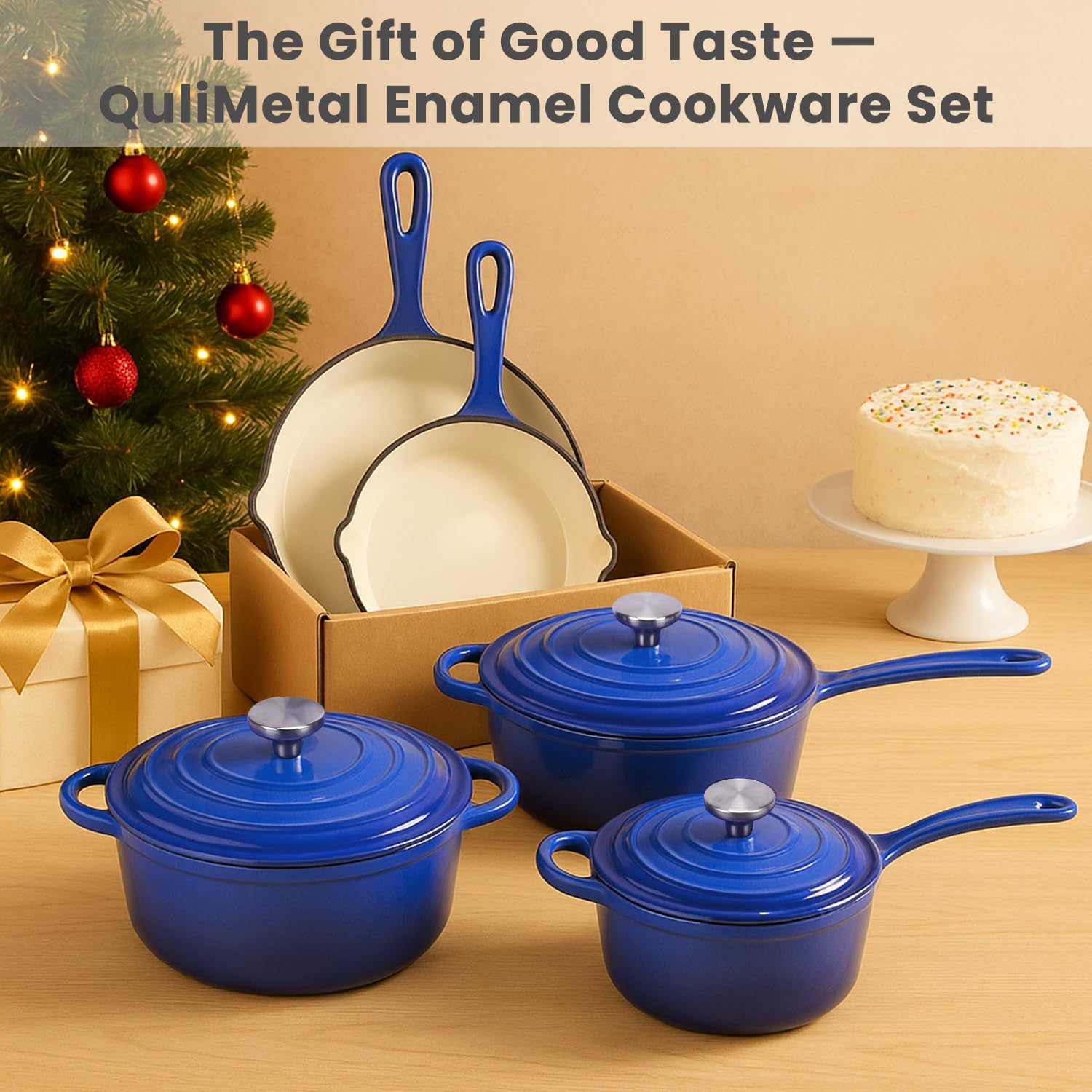 QuliMetal Nonstick Enameled Cast Iron Cookware Set, 5 Pcs Pots and Pans with Lid, Skillet, Frying Pan, Saucepan & Dutch Oven for All Stovetops, PFA Free - Ideal for Sourdough Bread Baking