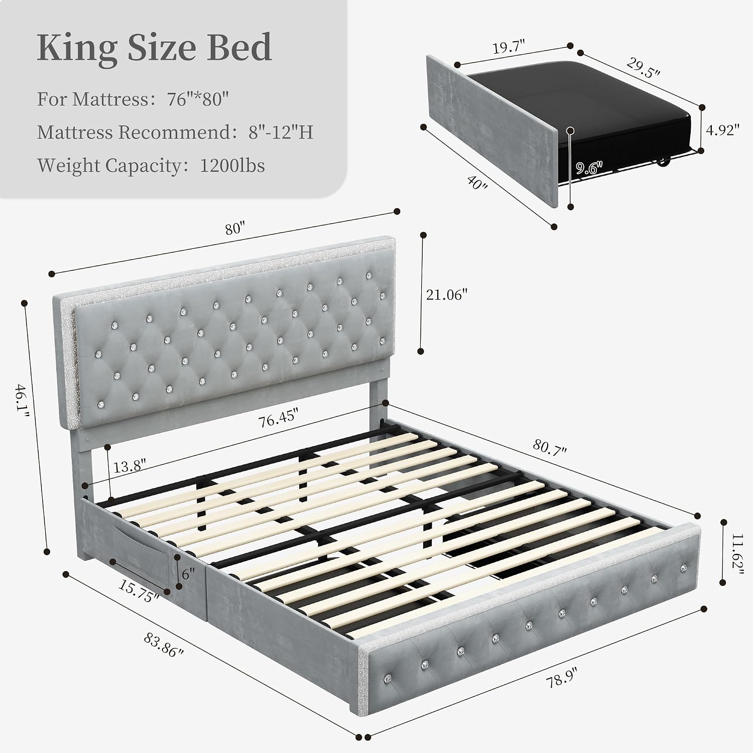 SIBEDS King Led Bed Frame with 2 Drawers, Upholstered Storage Platform Bed Frames with Crystal Button Tufted Headboard, Solid Slats Support, Noise Free, No Box Spring Needed, Velvet Grey
