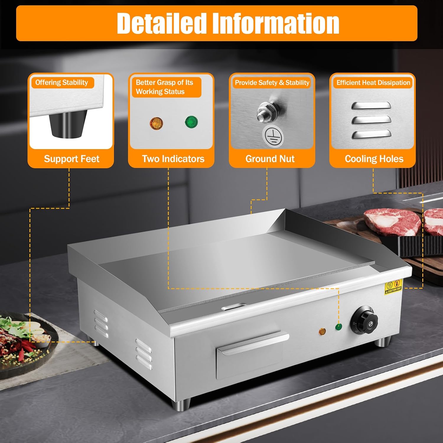 Electric Countertop Griddle, 3000W 21.6'' Commercial Heavy Duty Restaurant Tabletop Flat Top Grill Machine Adjustable Temperature Control with US Plug