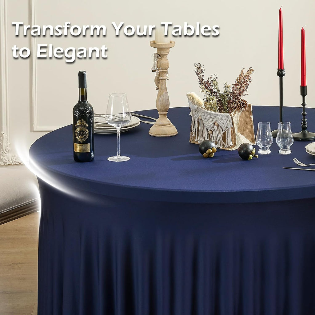 6 pk Navy Blue Round Spandex Tablecloths 60 in with Ruffled Skirt,Wrinkle Free High-Stretch 120 inch Table Cloth Round Fitted 5ft Tables,Spandex Table Covers 5ft for Forest Party Wedding Banquet