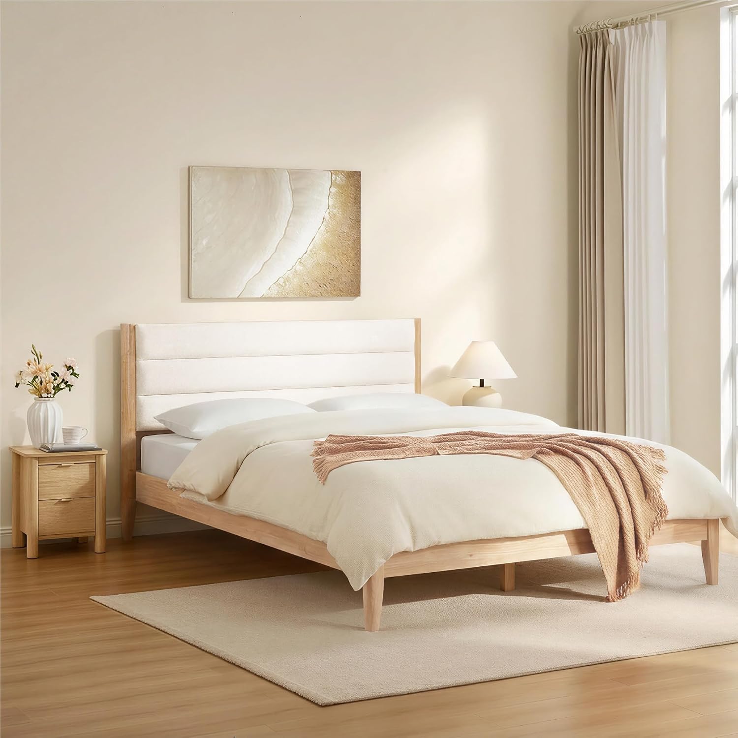 KISLOT 3 Pieces Bedroom Set, Wood Bed Frame with Upholstered Headboard & 2 Nightstands with Storage, Wooden Platform Mattress Foundation Farmhouse Bedroom Furniture Set