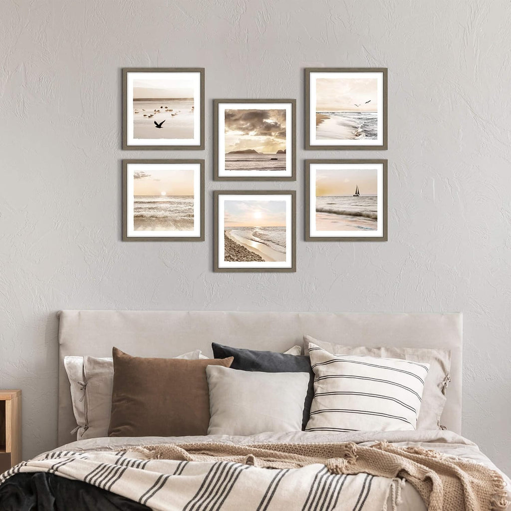 Framed Beach Scenery Wall Art：6 Pieces Small Calming Seaside Painting Nature Coastal Sunrise Prints Tropical Multi Seascape Photography Artwork Ocean Seagulls Picture for Bathroom Bedroom Office