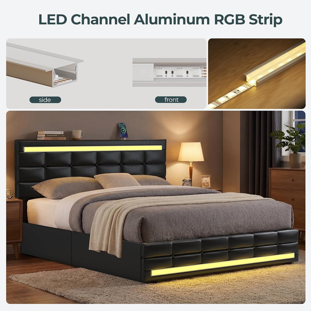 ADORNEVE Full Size Bed Frame with Storage Drawers, LED Lights Headboard Footboard, Upholstered Leather Platform LED Bed Frame with 2 USB Potrs, No Box Spring Needed, Black