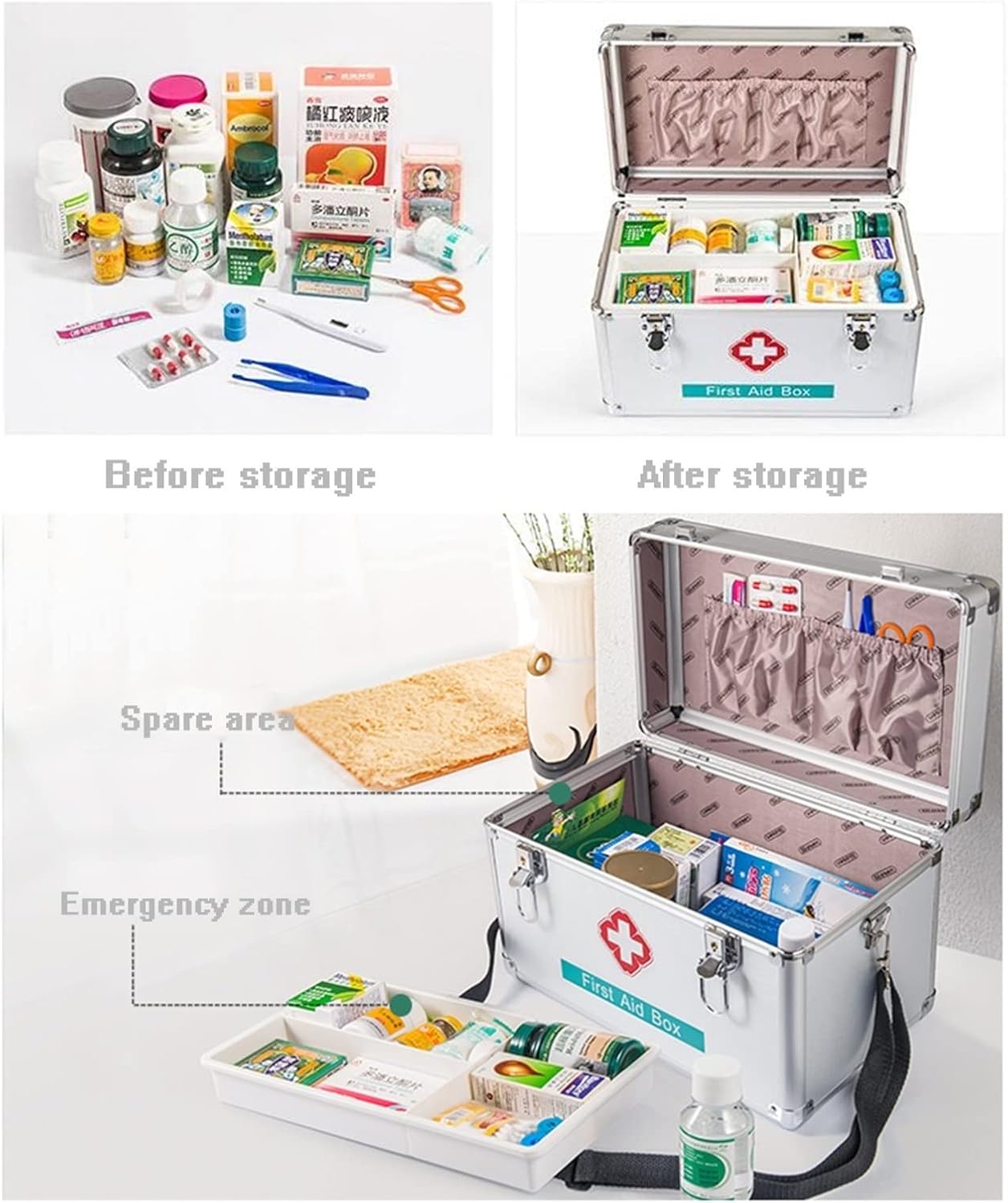 Medicine Storage Box Organizer Jewelry Travel Pill Case Family First Aid Portable Chest Cabinets -Empty Kit Medical Supplies Collection Container with Lock for Home