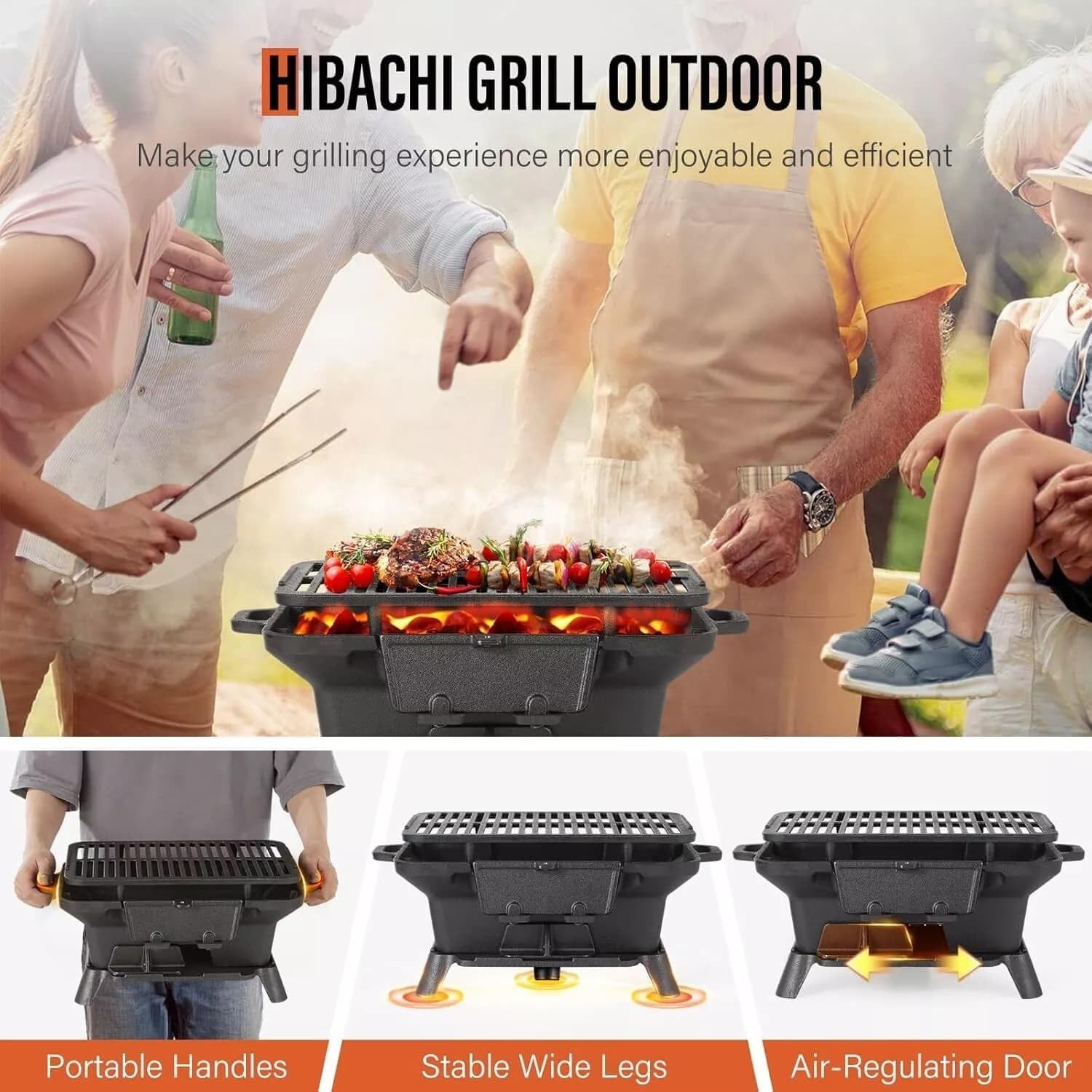 Oval Cast Iron Grill Outdoor - Portable Charcoal Grill & Tabletop Griddle, 19.6' Enameled Camping Stove with Carrying Handles,for BBQ, Tailgating & Hunting (Black,No Carrying Handle)