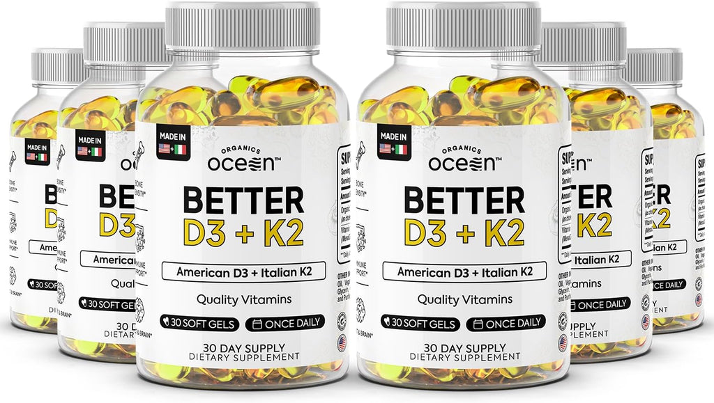 Organics Ocean Better D3 + K2-100% Organic VIT D3 and K2 Supplements with Maximum Bioavailability - Supports Bone Density, Calcium Balance, Immunity & Mood - 6-Pack, 180-Day Supply
