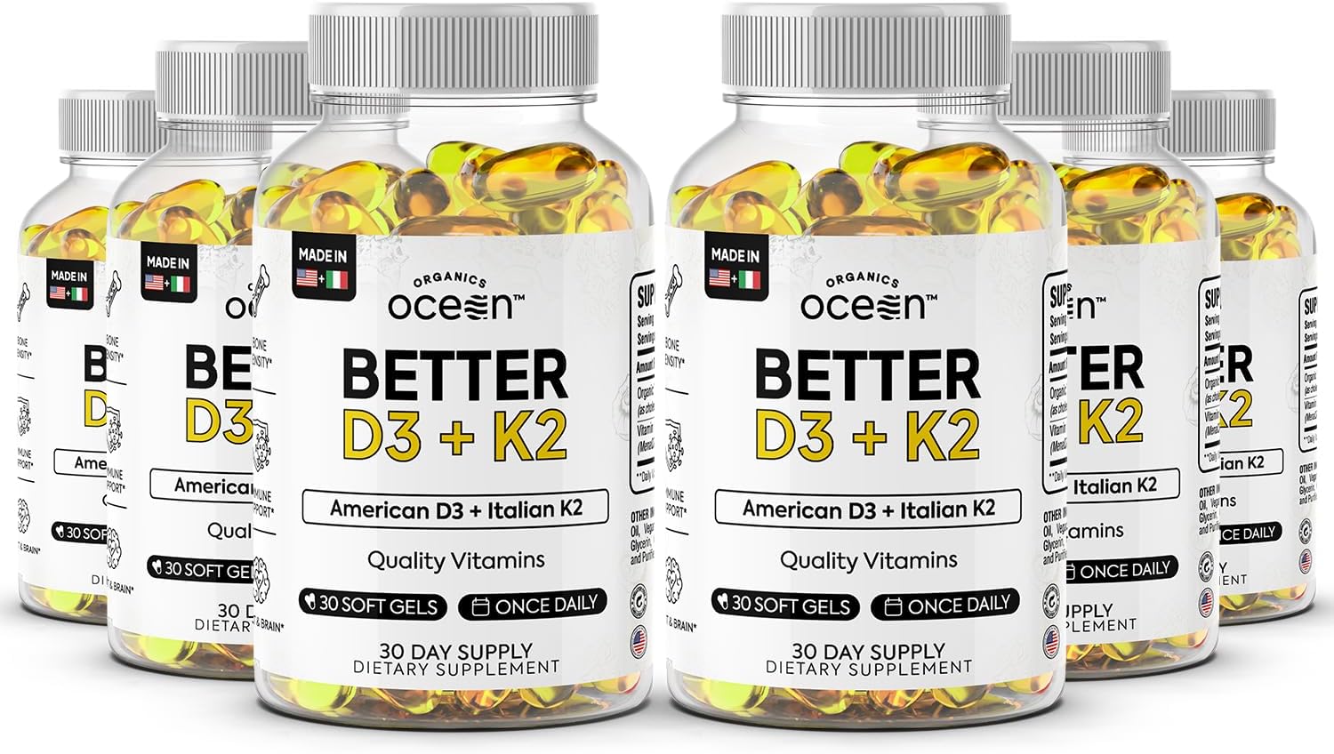 Organics Ocean Better D3 + K2-100% Organic VIT D3 and K2 Supplements with Maximum Bioavailability - Supports Bone Density, Calcium Balance, Immunity & Mood - 6-Pack, 180-Day Supply
