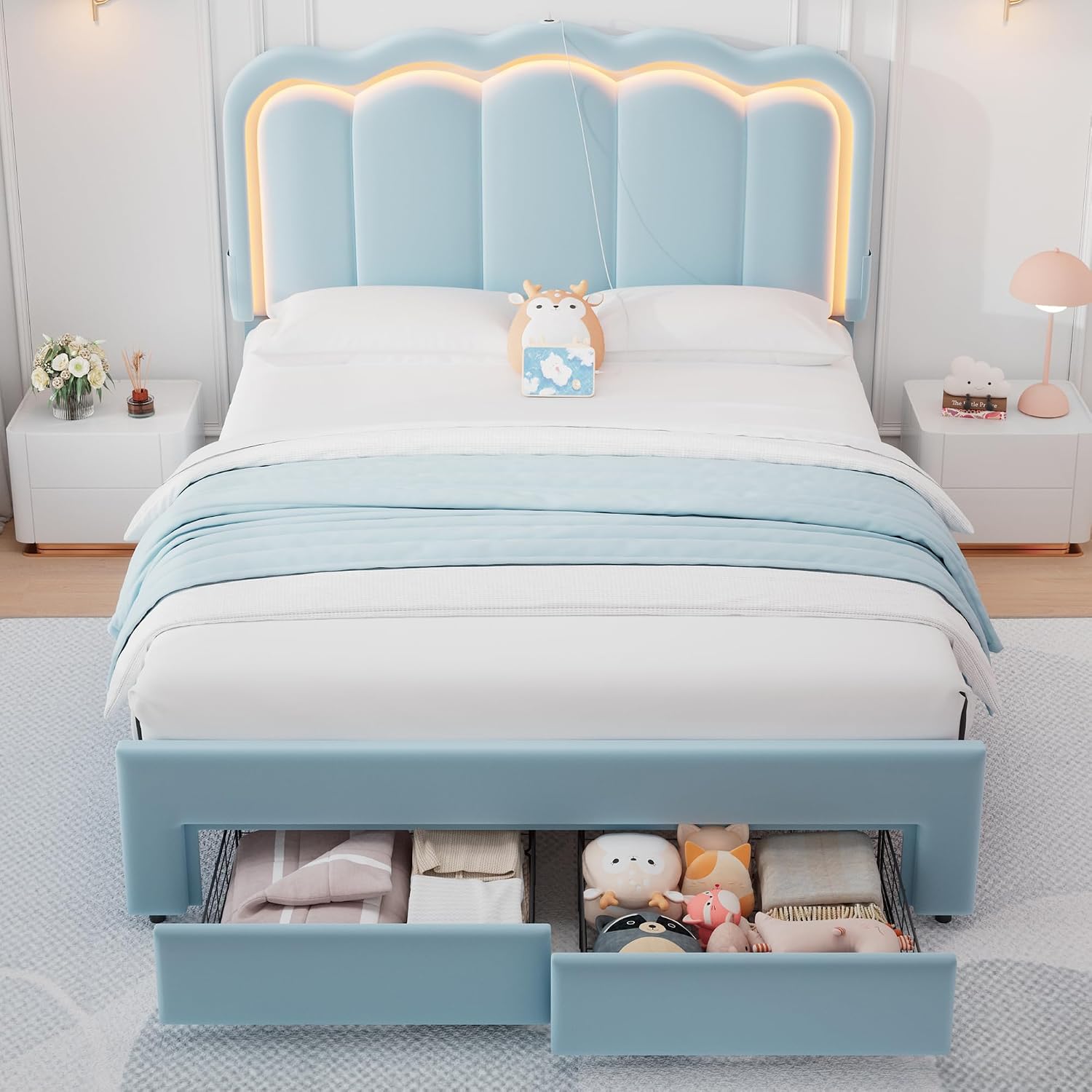 Full Upholstered LED Bed Frame with 2 Storage Drawers and Adjustable Chic Double Wavy Headboard, Velvet Princess Platform Bed with Charing Station, Solid Wood Slats Support,No Box Spring Needed,Blue