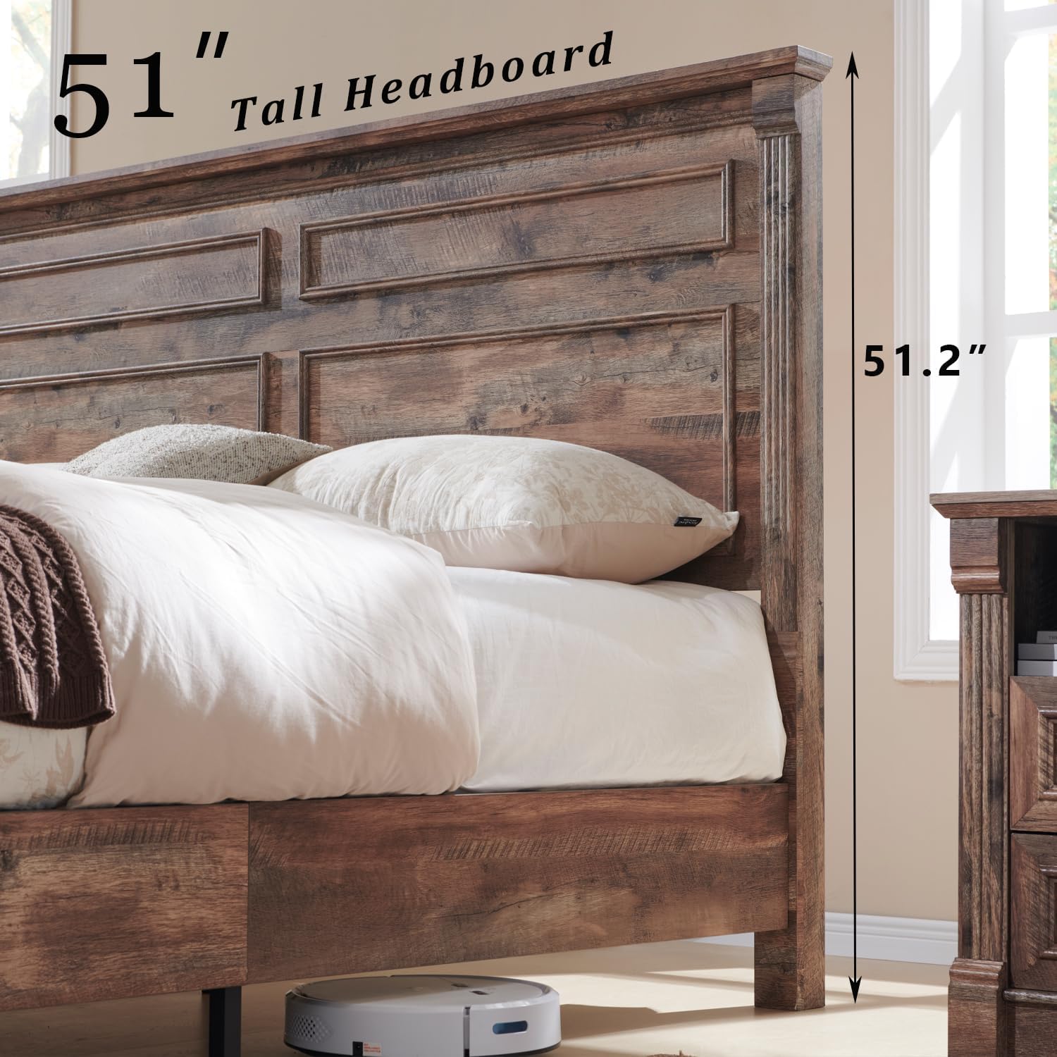 Aitjunz Farmhouse King Size Bed Frame with 51' Tall Headboard, Wood Platform Bed Frame with 20' Tall Roman Column Decoration Footboard & 3 Large Storage Drawers, No Box Spring Needed (Light Brown)
