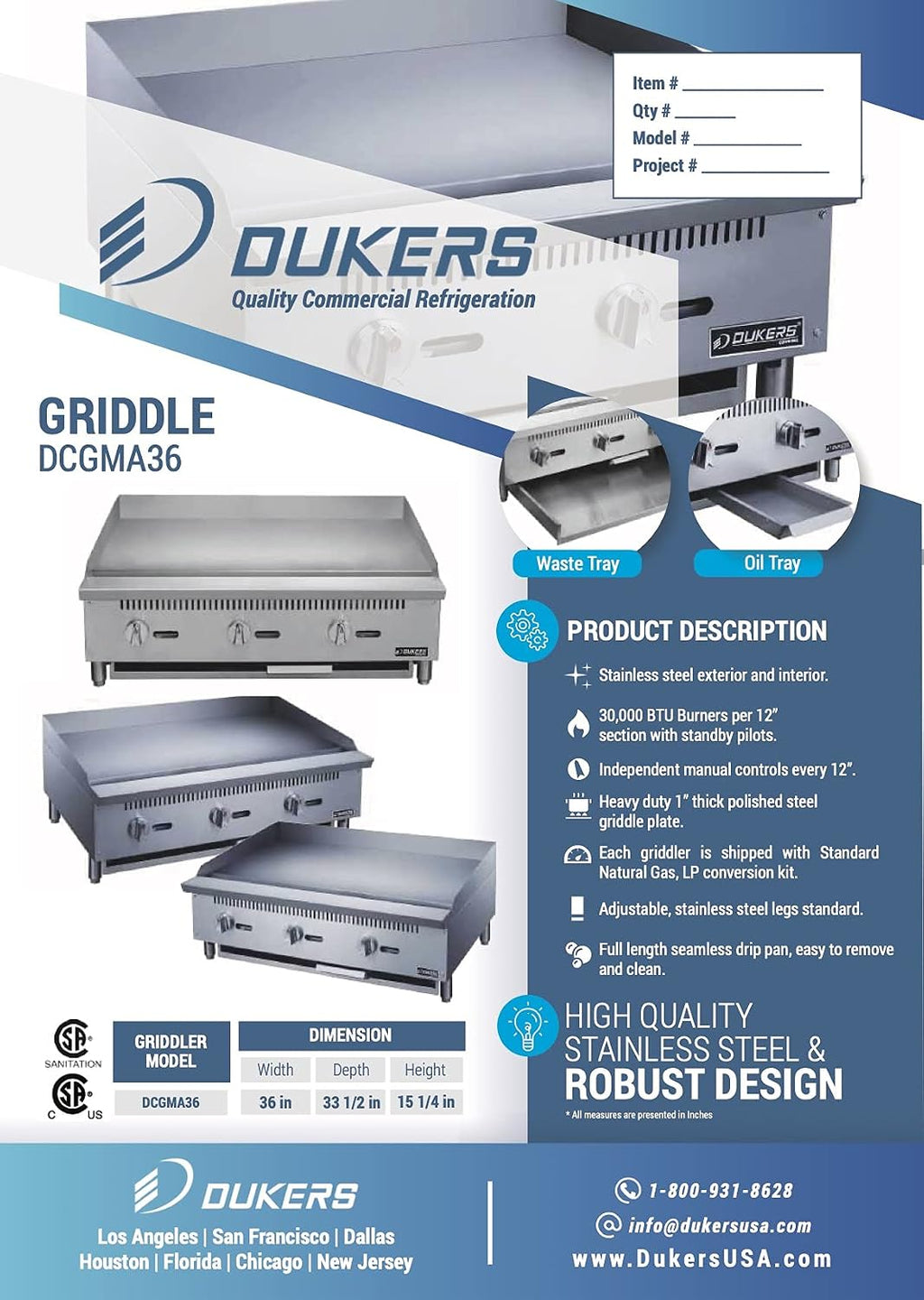 Dukers DCGMA36 36' in. W Commercial Countertop Gas Griddle, 1 Burner, NG/LPG (Natural Gas/Liquid Propane) 30,000 BTU 1 inch Plate with Manual Controls