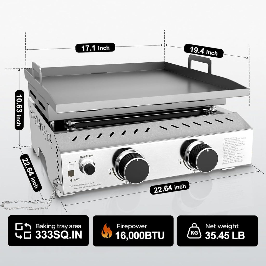 R.W.FLAME Portable Propane Griddle,Stainless Steel Gas Grill,Table Top Grill for Outdoor BBQ,Camping and RVs,Silver (2 Burner)