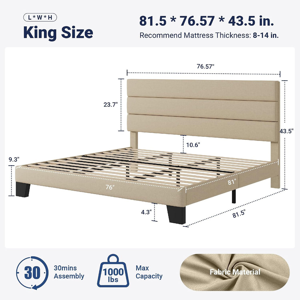 Allewie King Size Platform Bed Frame with Fabric Upholstered Headboard and Wooden Slats Support, Fully Upholstered Mattress Foundation/No Box Spring Needed/Easy Assembly, Beige