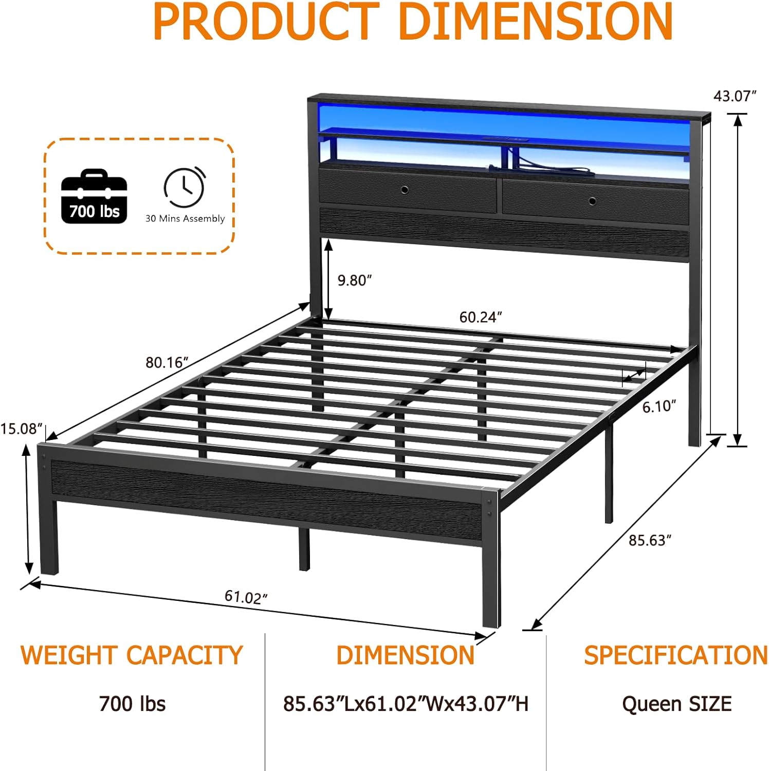 Furnulem Queen Bed Frame with Headboard & 2 Fabric Drawers, Bed Frame Queen Size Featuring LED Lights, Built-in Charging Station & Storage Shelves, Metal Slats, No Box Spring Needed – Black Oak