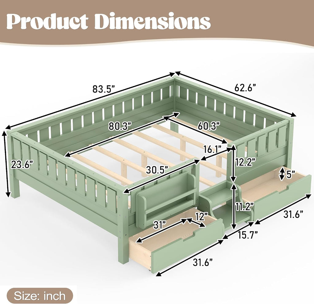 Bellemave Queen Size Montessori Bed with Stairs, Rails and Slats, Queen Size Montessori Floor Bed with Bookshelf and 2 Storage Drawers, Easy Assemble Beds Frame for Girls, Boys, Avocado Green