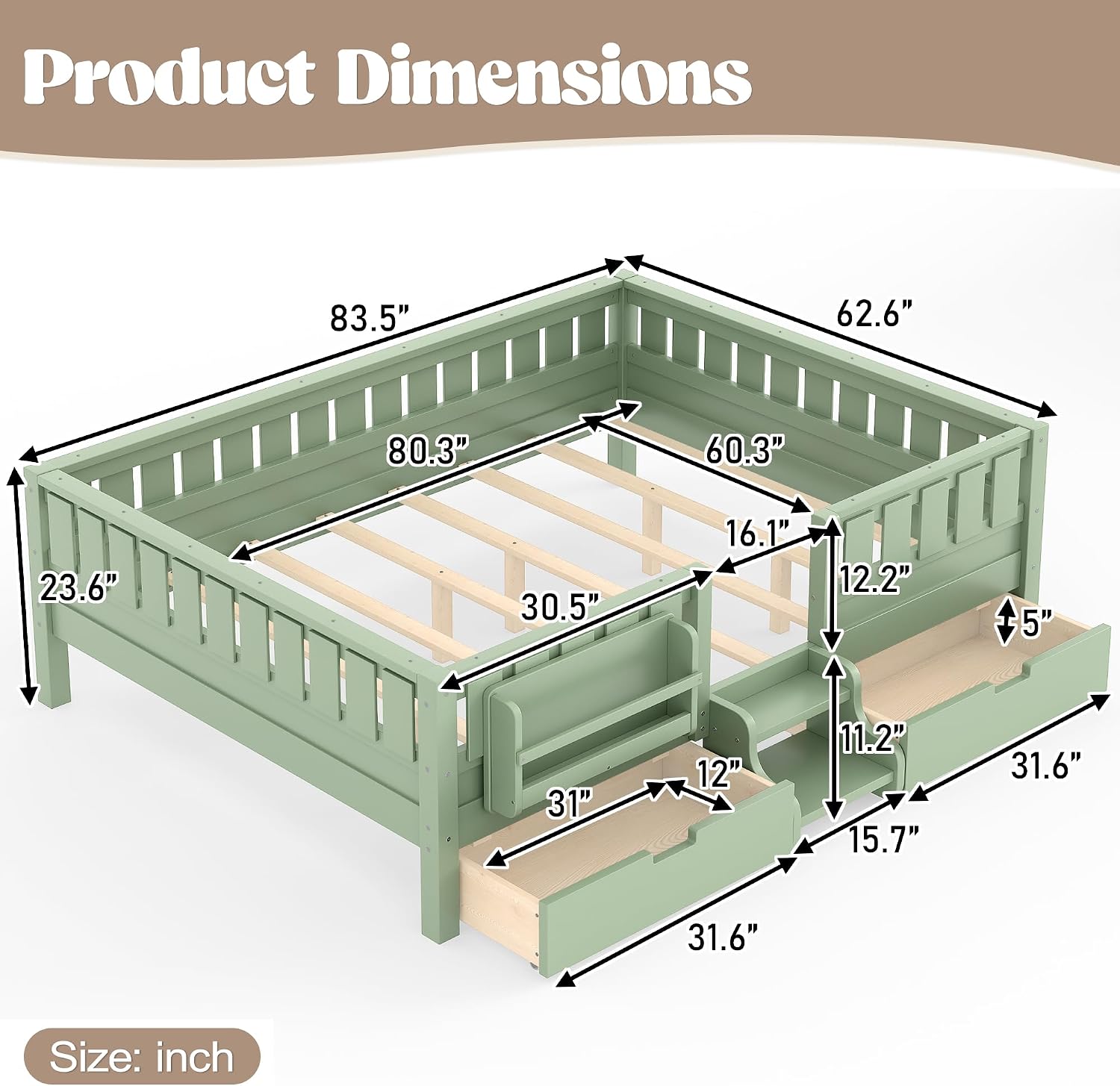 Bellemave Queen Size Montessori Bed with Stairs, Rails and Slats, Queen Size Montessori Floor Bed with Bookshelf and 2 Storage Drawers, Easy Assemble Beds Frame for Girls, Boys, Avocado Green