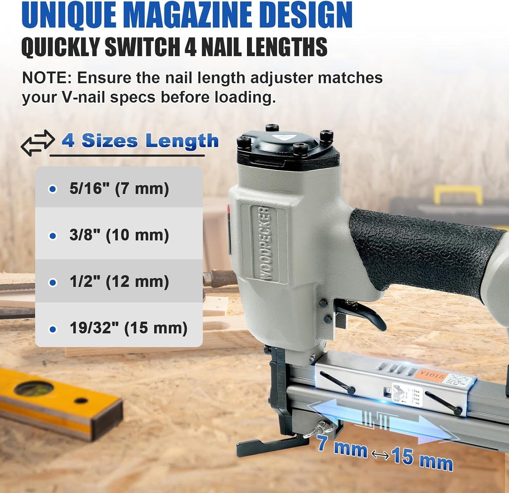 Woodpecker V1015 Pneumatic Picture Frame V Nailer Fits 7 mm to 15 mm (9/32' to 19/32') V Nails, Frame Stapler or Joiner for Picture Framing
