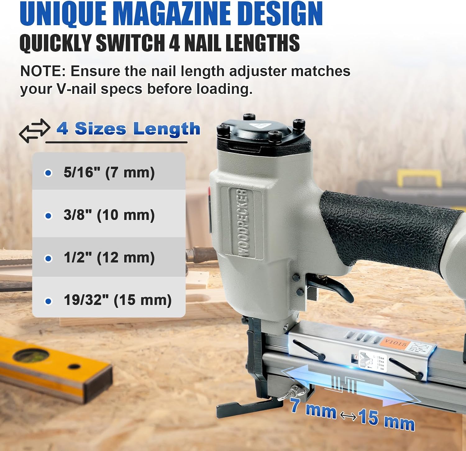 Woodpecker V1015 Pneumatic Picture Frame V Nailer Fits 7 mm to 15 mm (9/32' to 19/32') V Nails, Frame Stapler or Joiner for Picture Framing