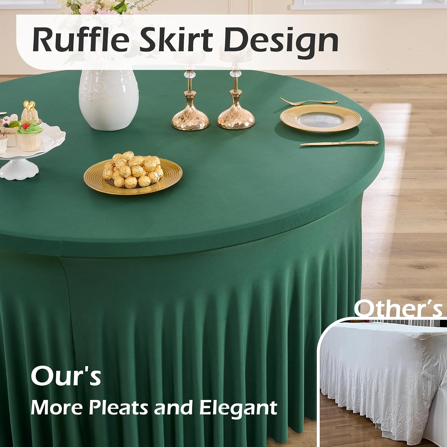 6 pk Hunter Green Round Spandex Tablecloths 60 in with Ruffled Skirt,Wrinkle Free High-Stretch 120 inch Table Cloth Round Fitted 5ft Tables,Spandex Table Covers 5ft for Forest Party Wedding Banquet