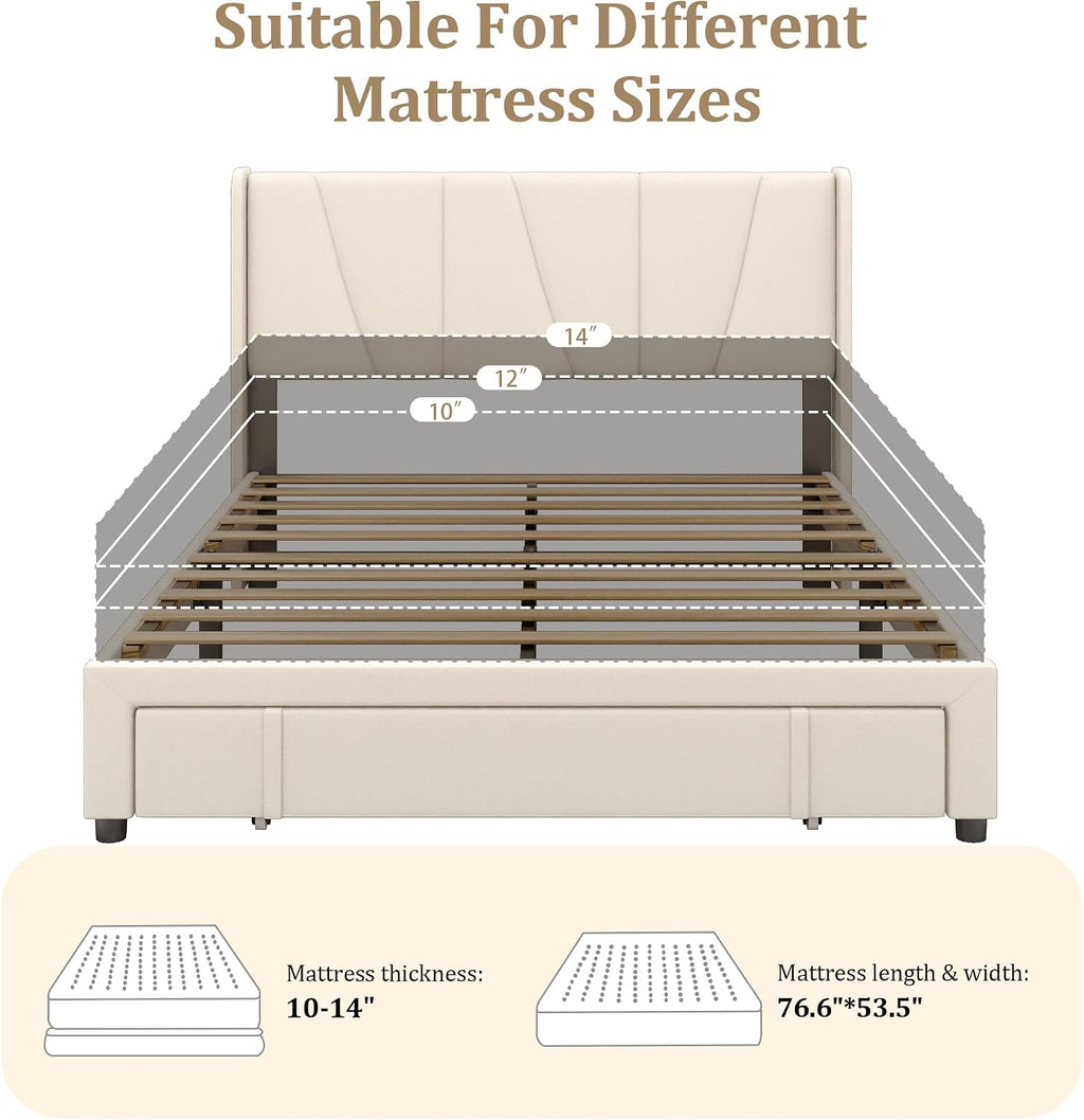 Full Bed Frame with Storage Drawers, Velvet Upholstered Platform Bed with 47' Tall Headboard and Wingboard, No Box Spring Needed, Noise Free, Easy Assembly, Wooden Support Slats, Beige
