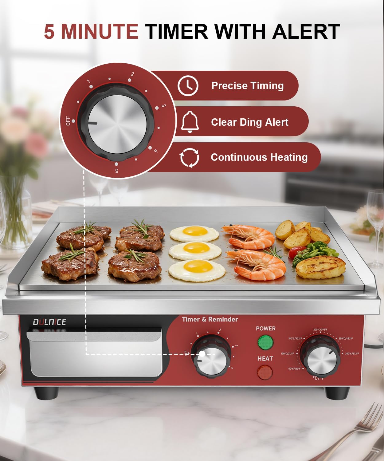 Commercial Electric Griddle 14', 1500W Electric Flat Top Grill with 5 Minute Reminder Timer, 122~572℉Adjustable Temperature Control, Stainless Steel Griddle Grill for Restaurant Kitchen