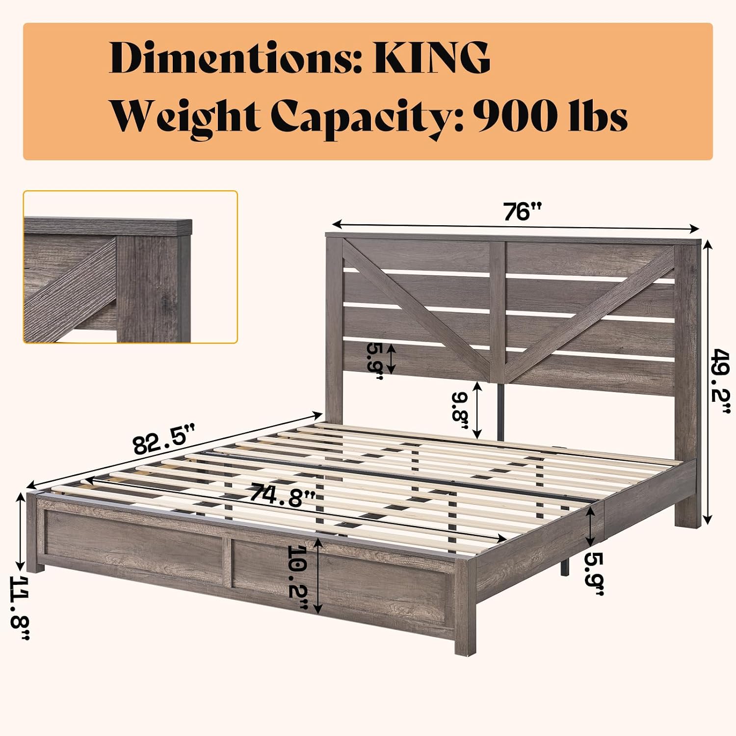 AMERLIFE King Size Bed Frame with 49.2' Barn Door Headboard and Footboard, Farmhouse Platform Bed Frame with Wood Slats, No Box Spring Needed, Under Bed Storage, Rustic Gray