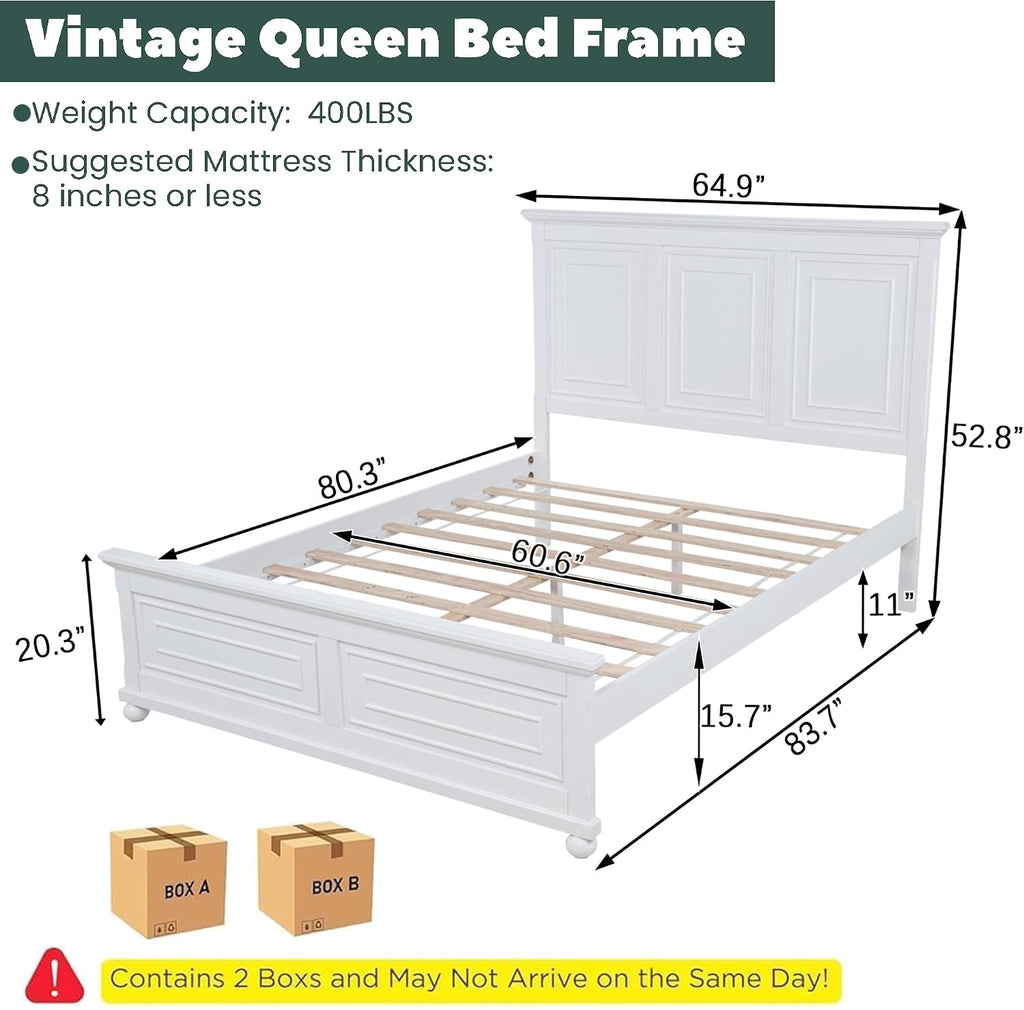 Wood Bed Frame Queen with Tall Headboard & Footboard, Traditional Queen Panel Bed with USB Charging Station for Bedroom, Guest Room, Easy Assembly, No Box Spring Required,White