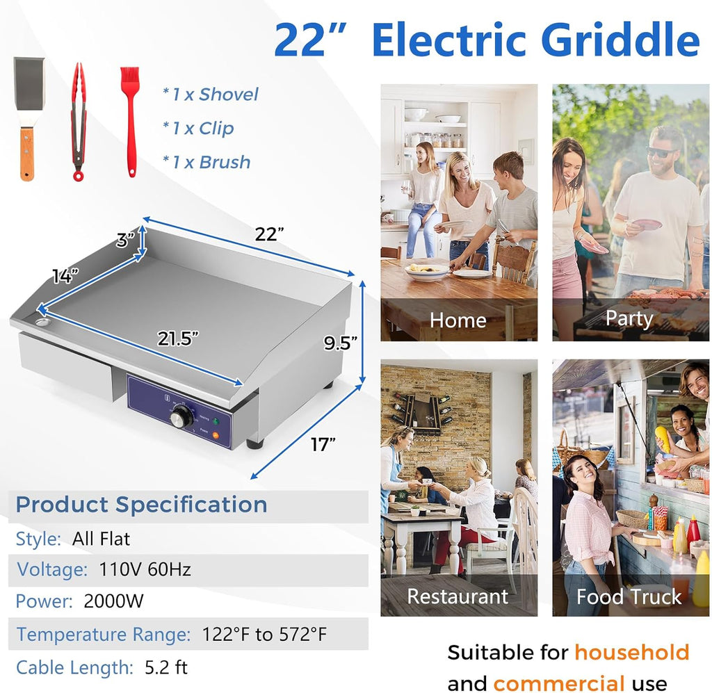 KOTEK Commercial Electric Griddle, 2000W 22' Flat Top Griddle, Stainless Steel Frame & Drip Tray, Adjustable Temperature Control 122℉-572℉, Countertop Teppanyaki Grill for Home, Kitchen, Restaurant