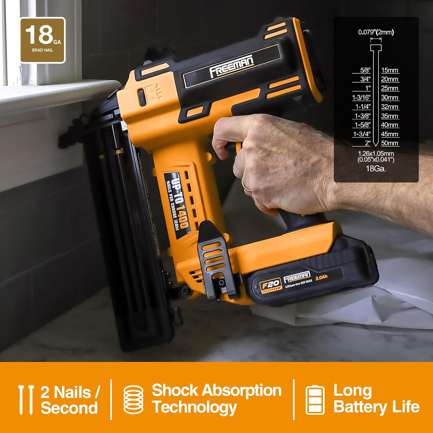 Freeman PE20VBR50 20 Volt Cordless 18-Gauge 2' Brad Nailer Kit with Lithium Ion Battery, Charger, Bag, and Nails (500 Count) – 1400 Shots per Charge