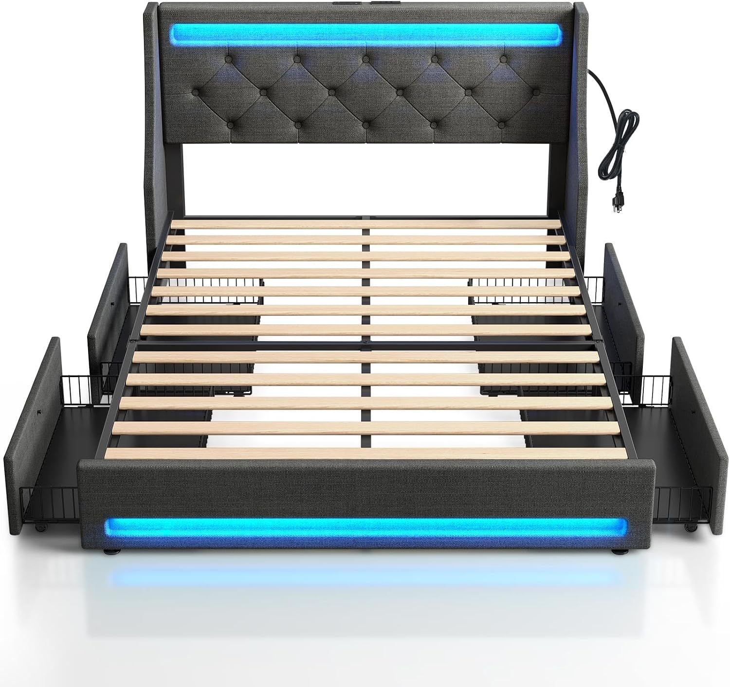 Rolanstar Queen Bed Frame with LED Lights and Charging Station, Upholstered Bed with Drawers, Wooden Slats, Noise Free, Easy Assembly, Dark Gray