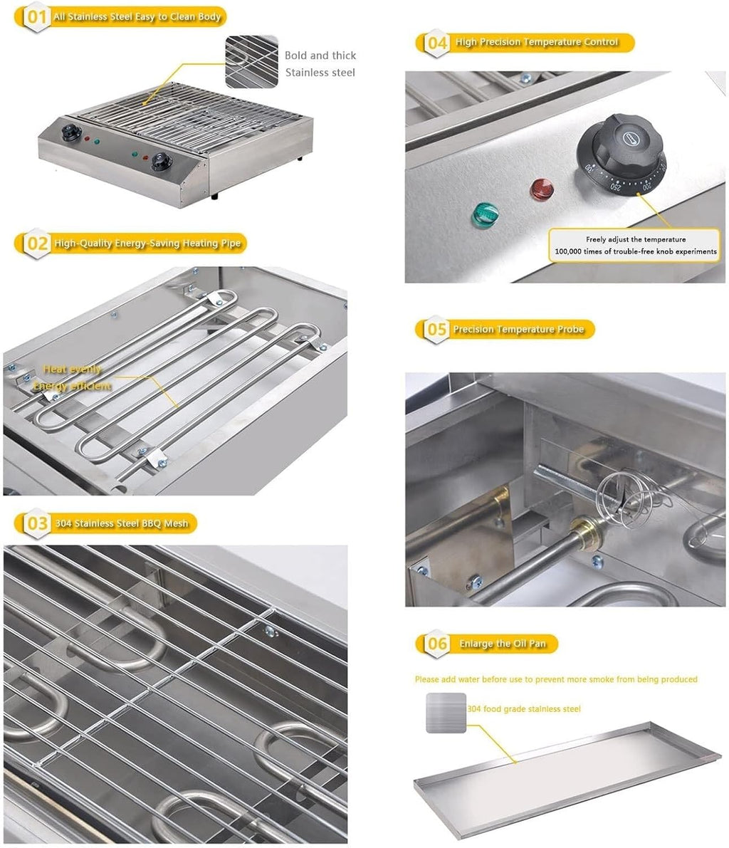 Electric Table Top Griddle,Smokeless Indoor BBQ Grill with Temperature Control ， Water Drip Tray,Portable Kebab Grill(B)