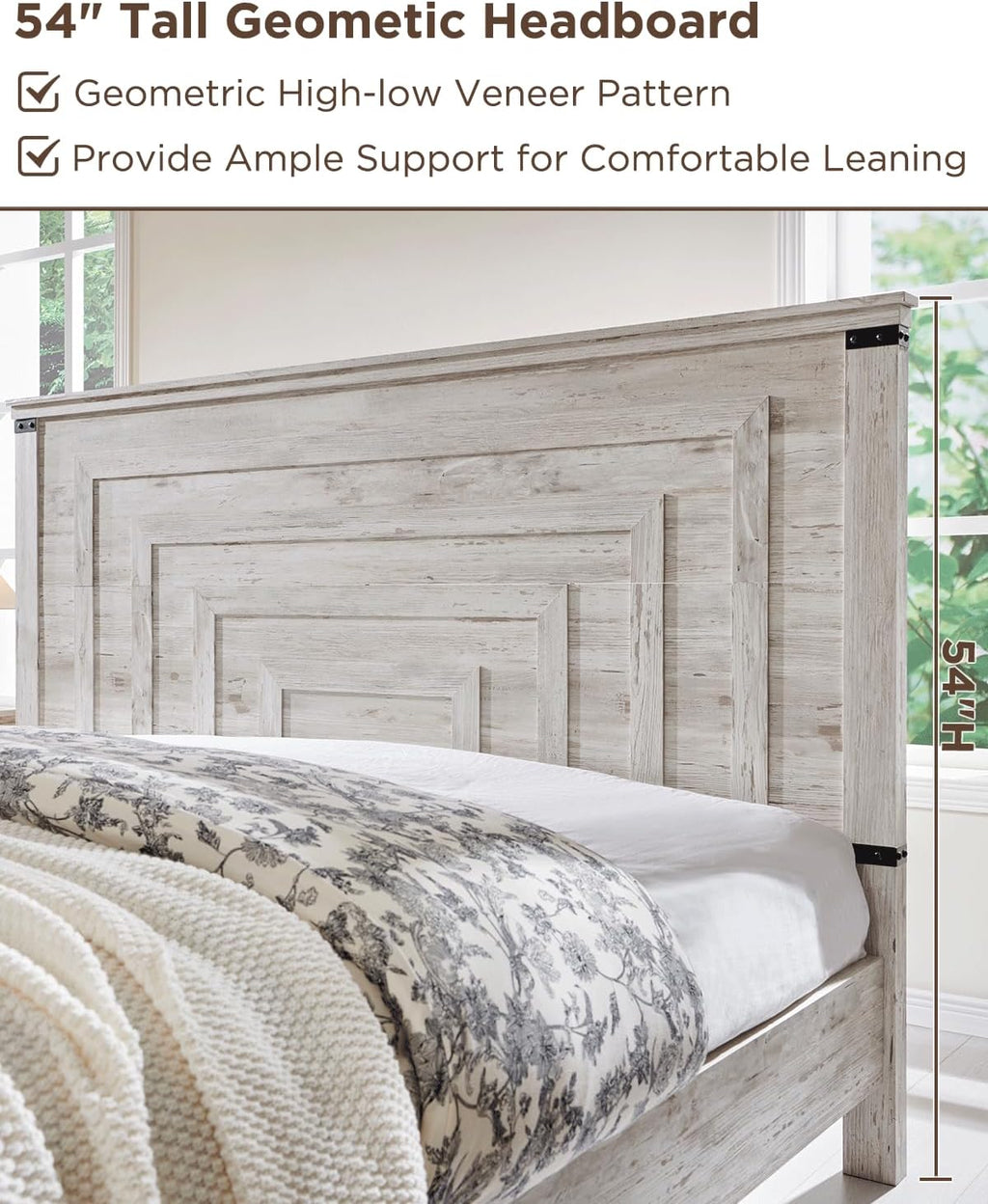 RedLemon Farmhouse Queen Size Wood Bed Frame with 54' Tall Geometric Headboard, 2 Large Storage Drawers, Solid Wood Slats Support, Noise Free, No Box Spring Needed, Antique Brush White