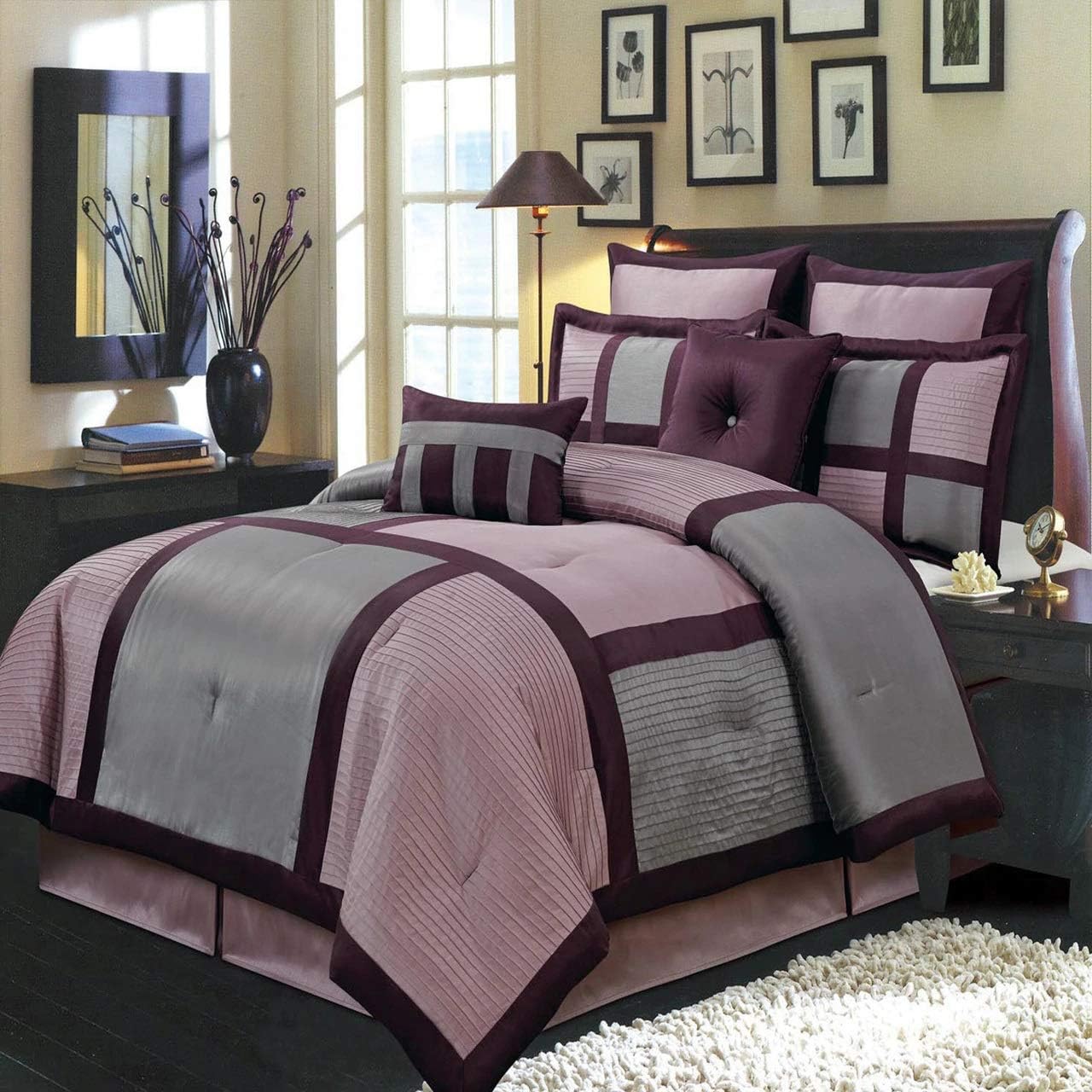 Royal Tradition 8-Piece Bed in a Bag, King Size, Purple Morgan Comforter Set (One Comforter 106' x 92', Two Pillow Shams, Euro Shams, Two Cushions, One Bedskirt) Stylish Bedding