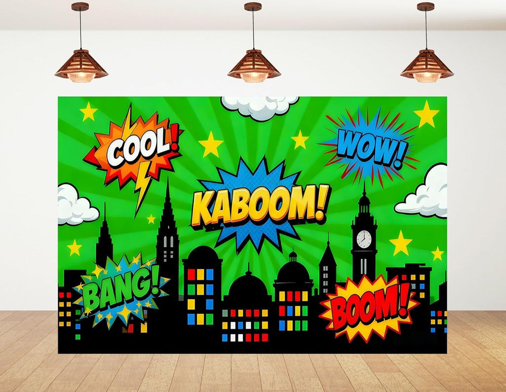 20x10ft Superhero Comic Book Style Photography Backdrop City Skyline Background with Pop Art TextGreen and Multi-Color Design for Party Birthday Decoration