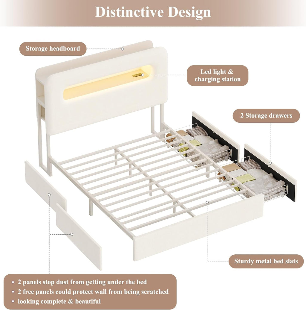 HOSTACK Full LED Bed Frame with Storage Headboard and Charging Station, Kids Bed Frame with 2 Drawers and USB Ports, Velvet Upholstered Platform Bed Frame with Bookcase, No Box Spring Needed, Cream