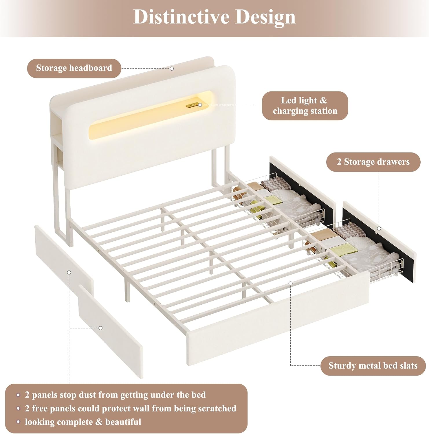 HOSTACK Full LED Bed Frame with Storage Headboard and Charging Station, Kids Bed Frame with 2 Drawers and USB Ports, Velvet Upholstered Platform Bed Frame with Bookcase, No Box Spring Needed, Cream