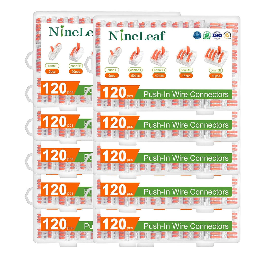 NineLeaf 120 Pcs Lever Wire Connectors Kit, 1/2/3/4/5 Port Combination, Push-in Electrical Wire Nuts AWG 28–12, Reusable Transparent Quick Connectors with Voltage Test Hole,10Set